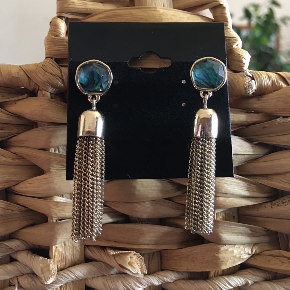 Vintage faux abalone gold chain tassel earrings